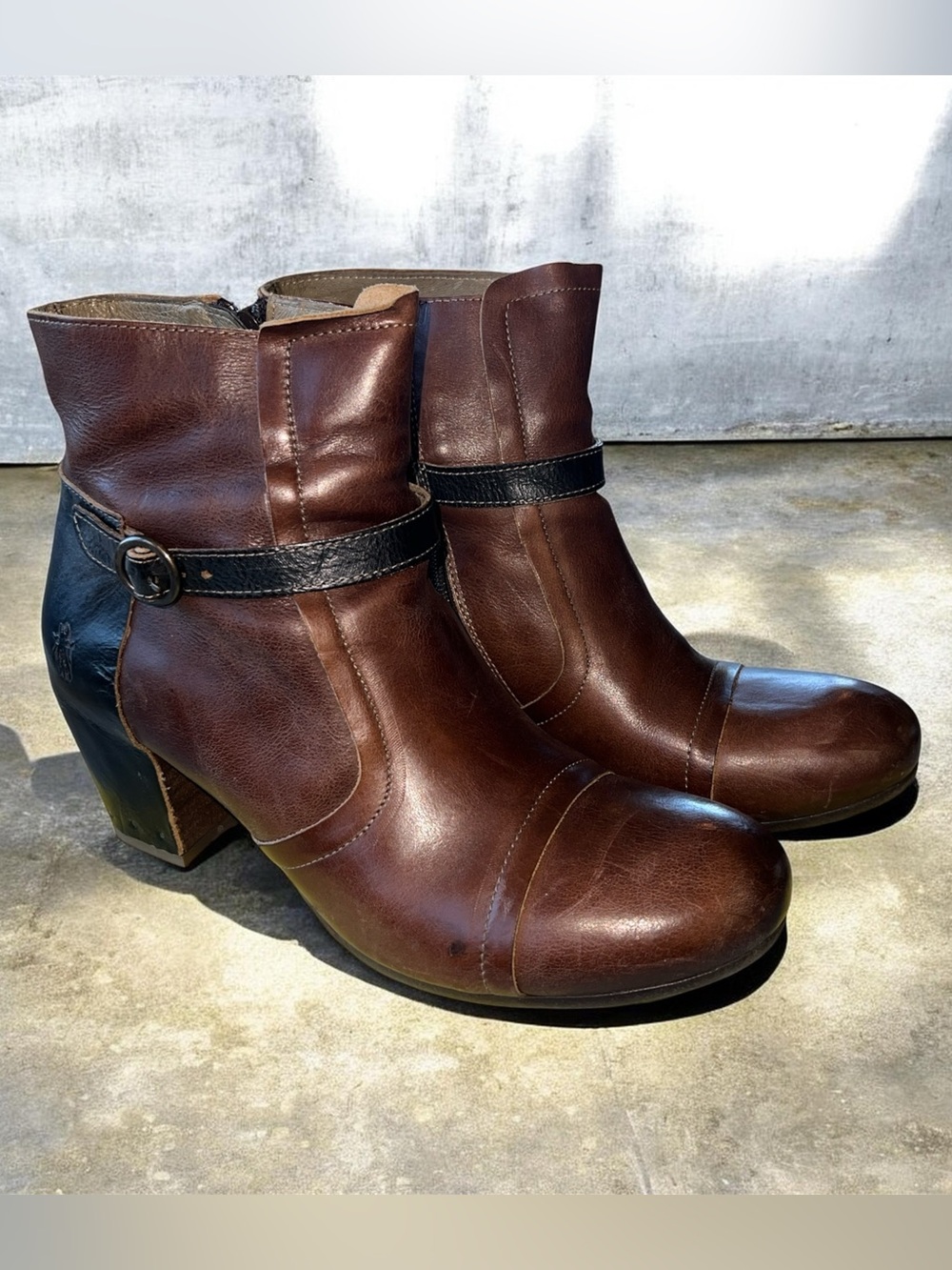 Fly London Brown Leather Ankle Booties with Black Strap